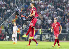 Serbien - Albanien: Der serbische Spieler Stefan Mitrovic reißt die Flagge an sich - Foto: picture alliance / dpa