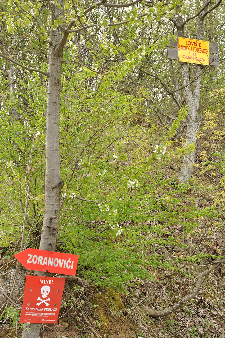 Ein Wegweiser, eine Minenwarnung und der Hinweis auf ein Jagdgebiet – Was gilt nun wo? Foto: BR | Karin Straka