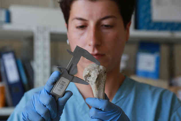 Dragana Vucetic untersucht den Oberschenkelknochen eines Ermordeten. Foto: BR | Till Rüger