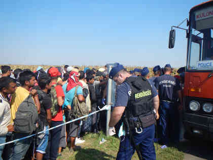 Die Busse sind schnell voll, die wartenden Flüchtlinge müssen manchmal mehreren Stunden in der Hitze warten. Foto: BR | Attila Poth