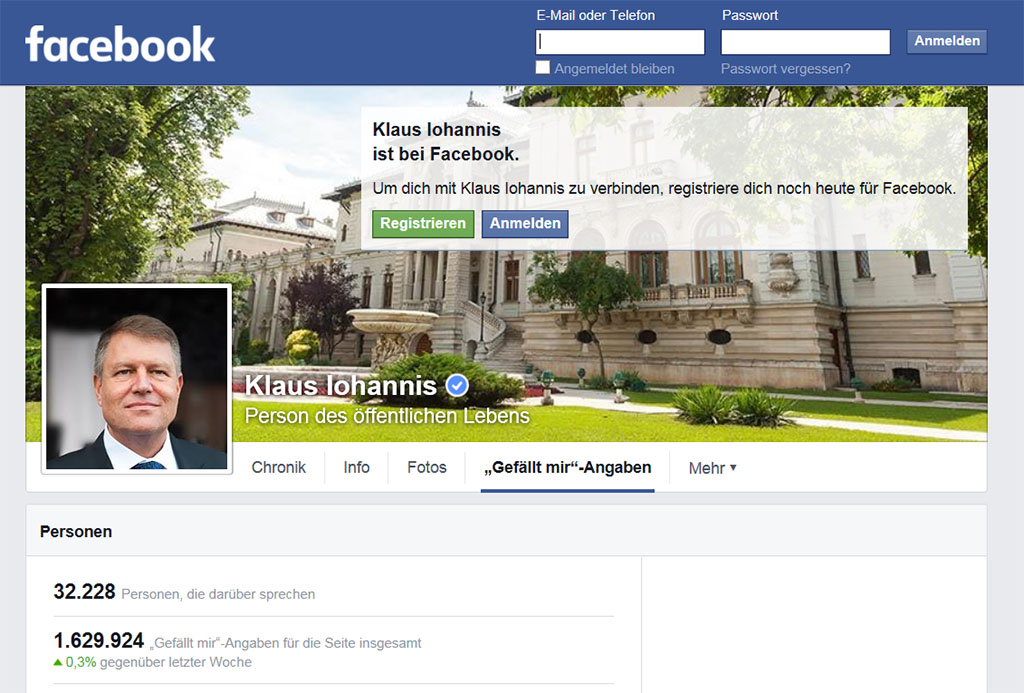 Klaus Iohannis hat mehr Facebook-Fans als Angela Merkel, und mehr als David Cameron und Francois Hollande zusammen. Screenshot (18.08.2015) | https://www.facebook.com/klausiohannis/likes?ref=page_internal