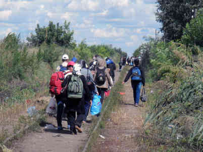 Zu Hunderten gehen Flüchtlinge, überwiegend aus Syrien, die Gleise entlang von Serbien nach Ungarn. Sie wissen, dass nach der Grenze die ungarische Polizei auf sie wartet. Foto: BR | Dejan Stefanovic
