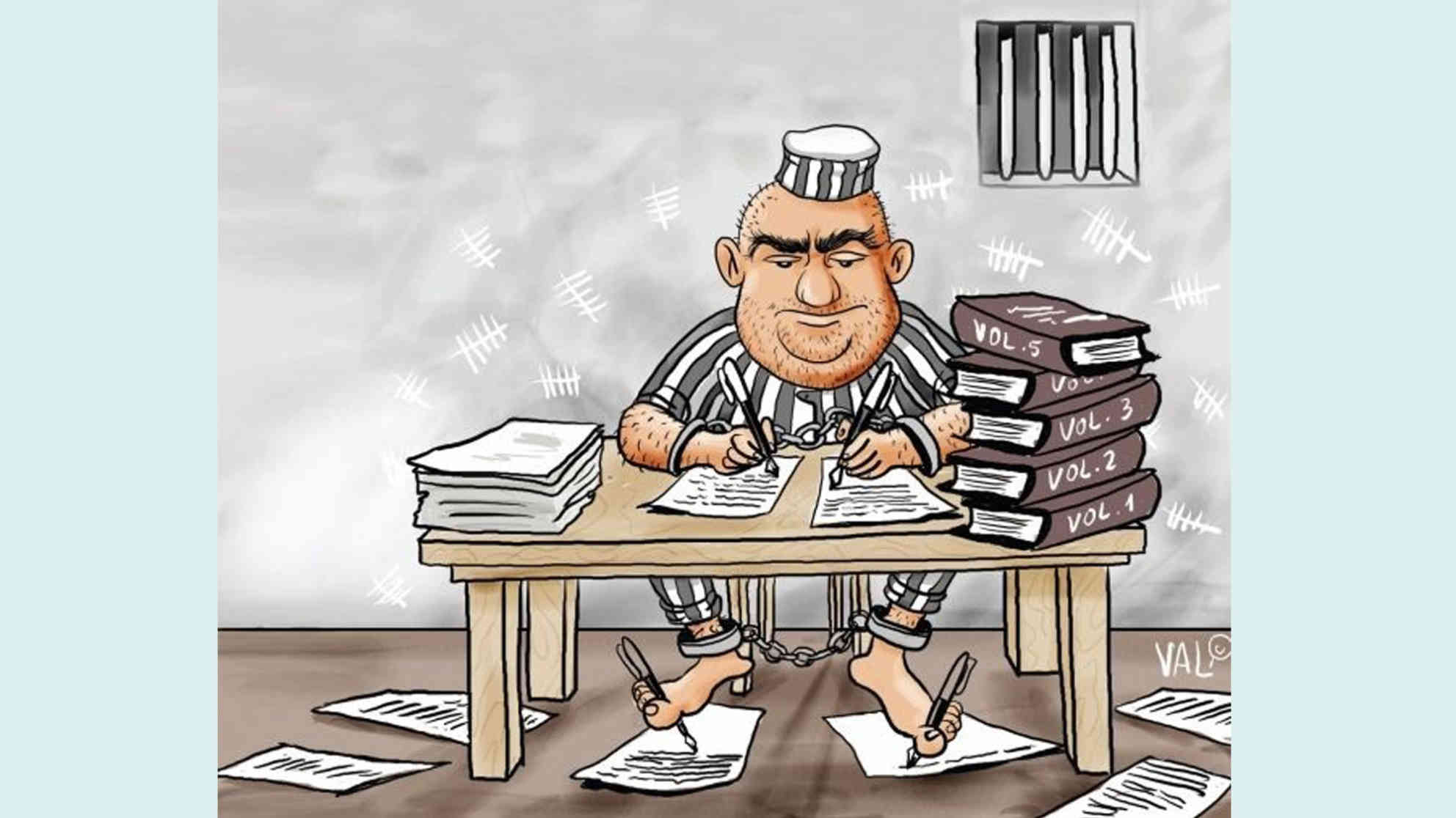 Unglaublich: 188 Autoren sollen in nur drei Jahren 415 Bücher produziert haben! Für die damit verbundene Haftverkürzung haben sie wohl alle vier Gliedmaßen einsetzen müssen, findet der Karikaturist. Karikatur: Vali Ivan