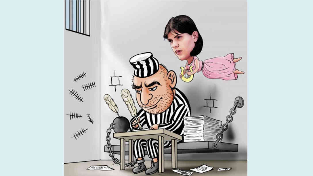 Zellen-Muse: Dank Chef-Staatsanwältin Kövesi mehr korrupte Knackis. Dank korrupter Knackis mehr „wissenschaftliche“ Knastbücher, witzelt Vali mit spitzer Feder. Karikatur: Vali Ivan