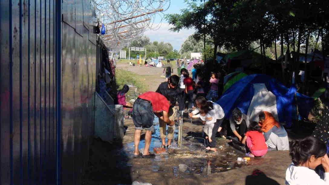 In der Transitzone an der serbisch-ungarischen Grenze gibt nur eine Wasserstelle, keine Duschen und zu wenig Toiletten. Foto: BR | Dejan Stefanovic