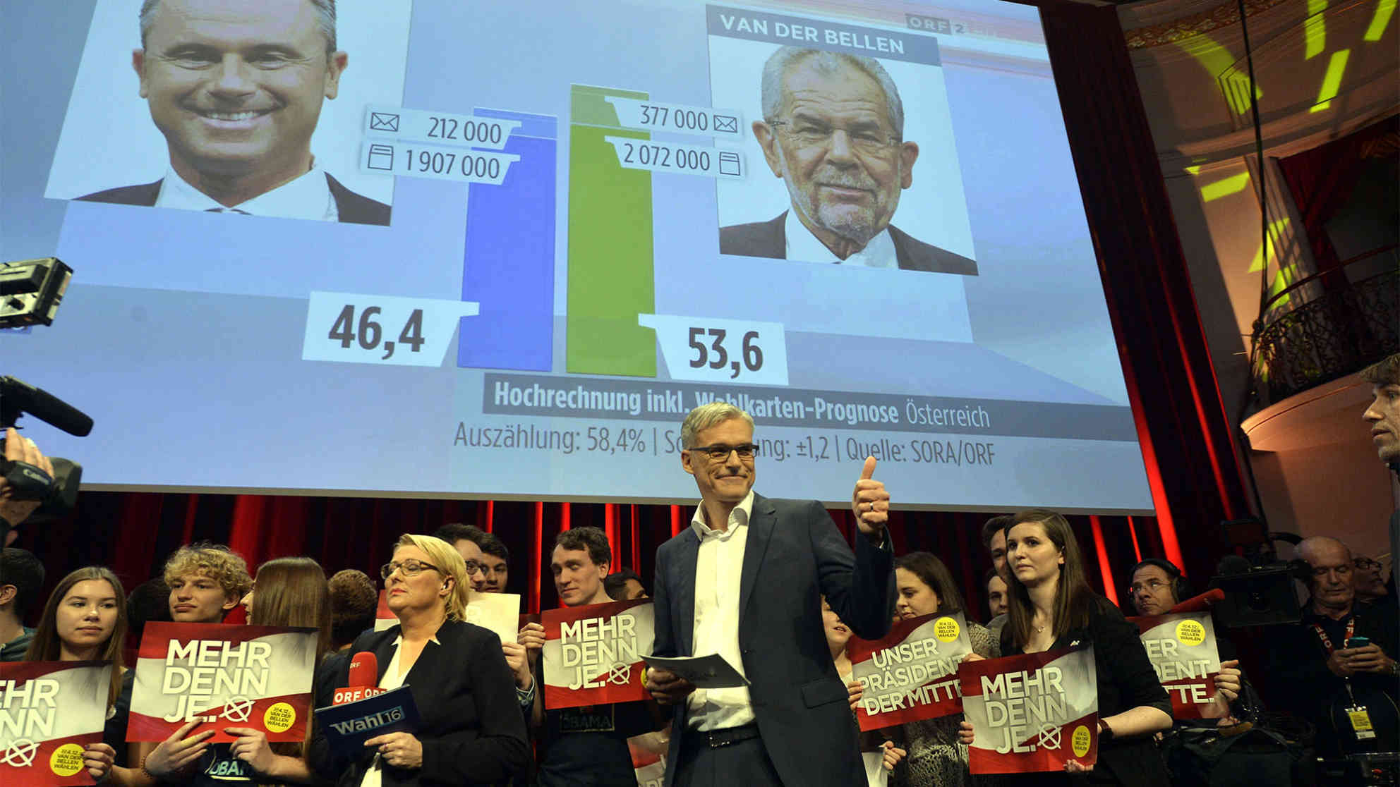 Reaktionen von Wahlkampfmanager Lothar Lockl auf die erste Hochrechnung am Wahlfest für Van der Bellen am Sonntag, 04. Dezember 2016. Foto: picture-alliance | dpa