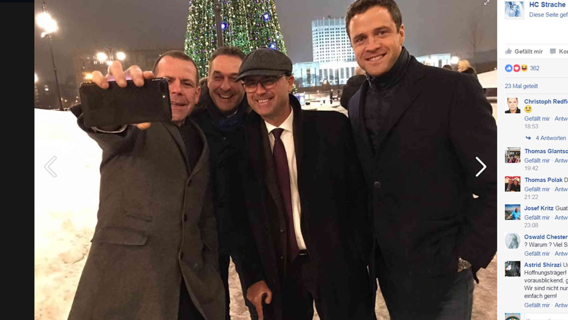 FPÖ-Chef Strache (2.v.l.), Vize Norbert Hofer(2.v.r.), EU-Parlamentarier Vilimsky (l) und der Wiener FPÖ-Mann Gudenus (r) posieren auf dem Roten Platz in Moskau. Screenshot: www.facebook.com/HCStrache