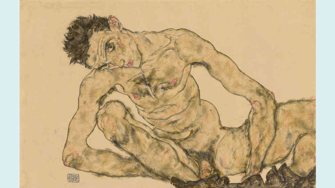 Egon Schiele: Aktselbstbildnis, 1916. Bleistift, Deckfarben. Bild: Albertina, Wien