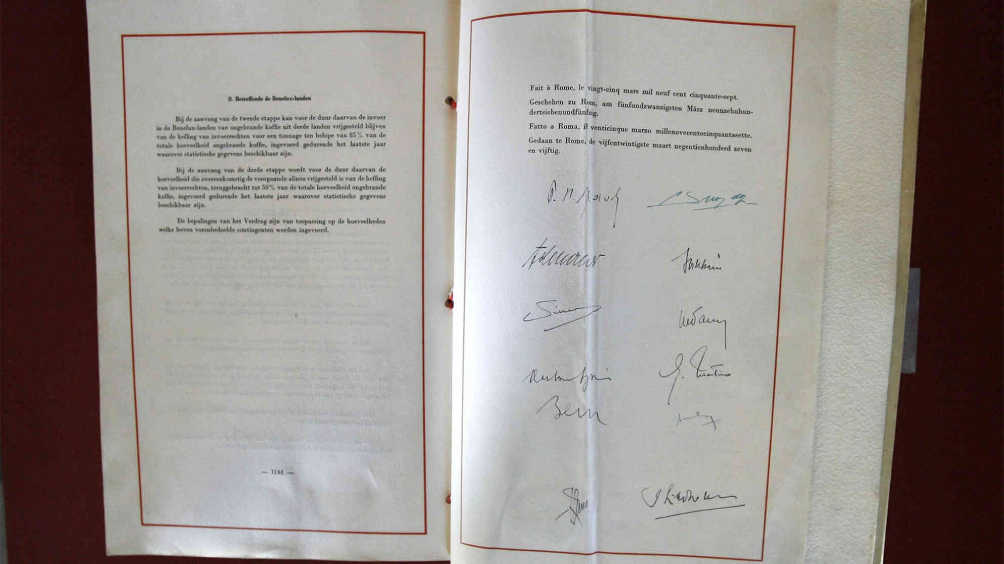 Die Römischen Verträge sind in der Orazi und Curiazi Halle im Kapitolinischen Museum in Rom ausgestellt (Foto vom 16.03.2007). Foto: picture-alliance | dpa