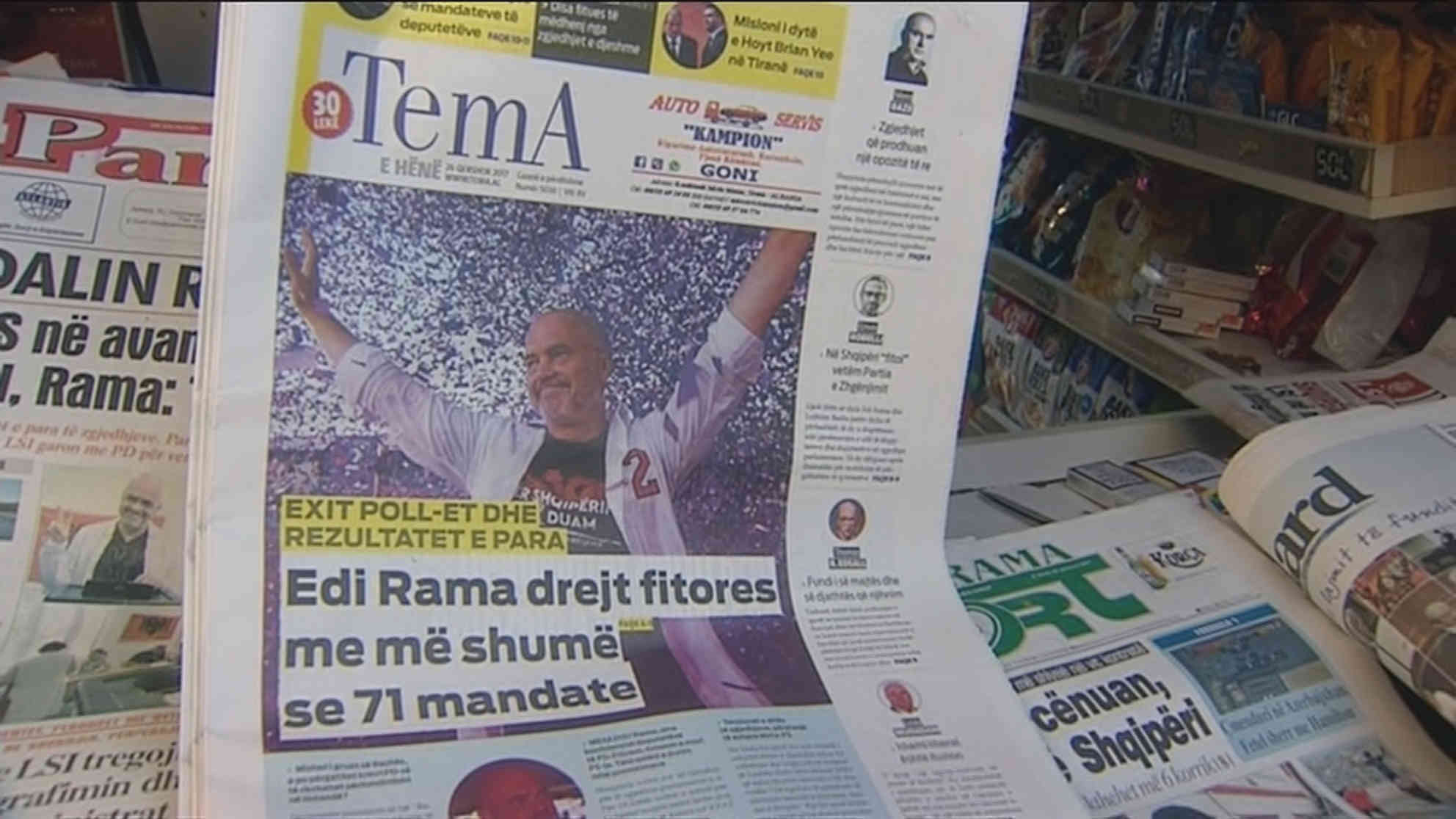 Die albanischen Zeitungen zeigen Edi Rama heute morgen schon als Sieger. Foto: BR | Videostandbild | Sahit Kokolli