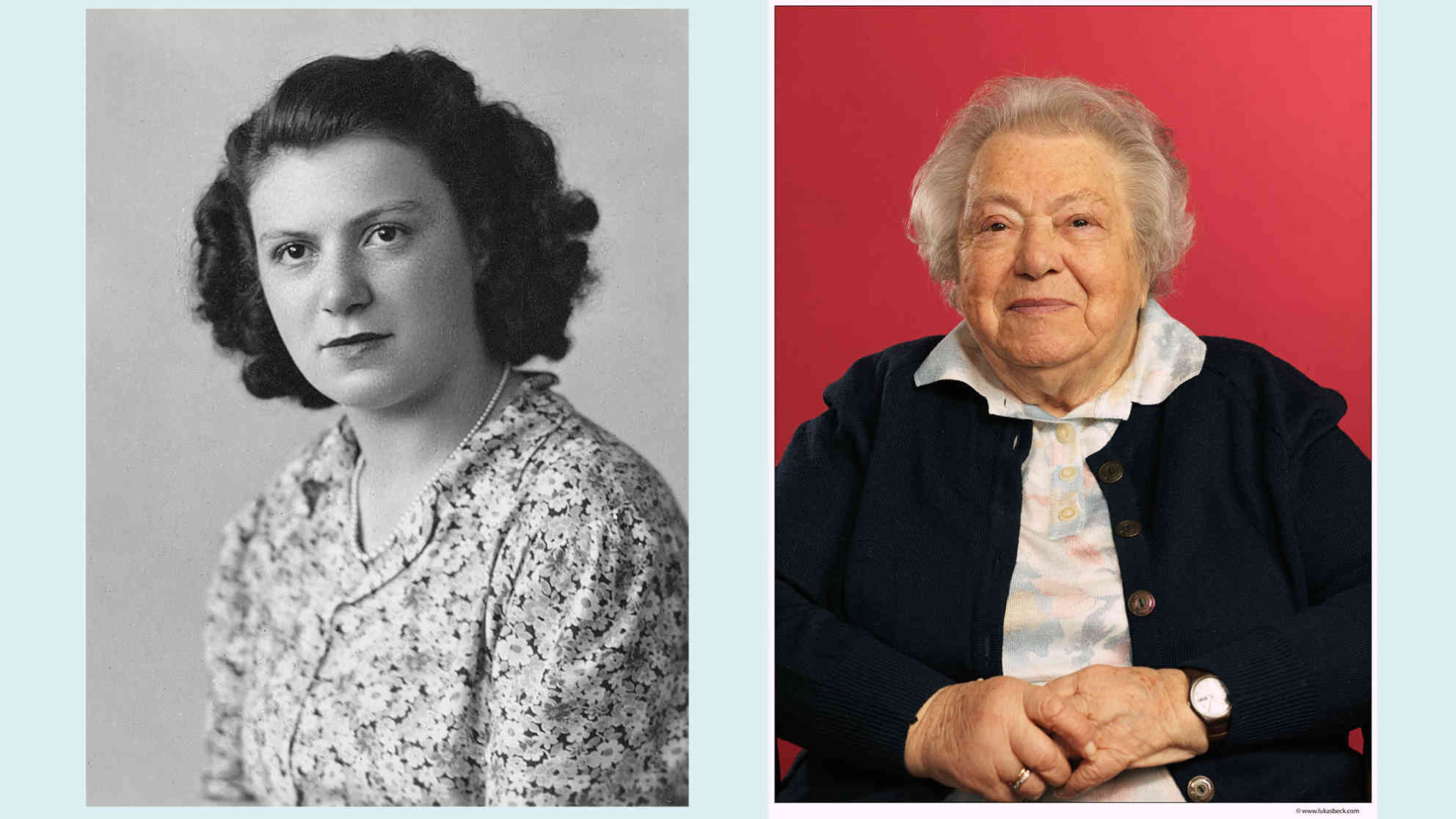 Gertrude Pressburger 1947 (links) und heute. Foto: Gertrude Pressburger (links), Lukas Beck (rechts)