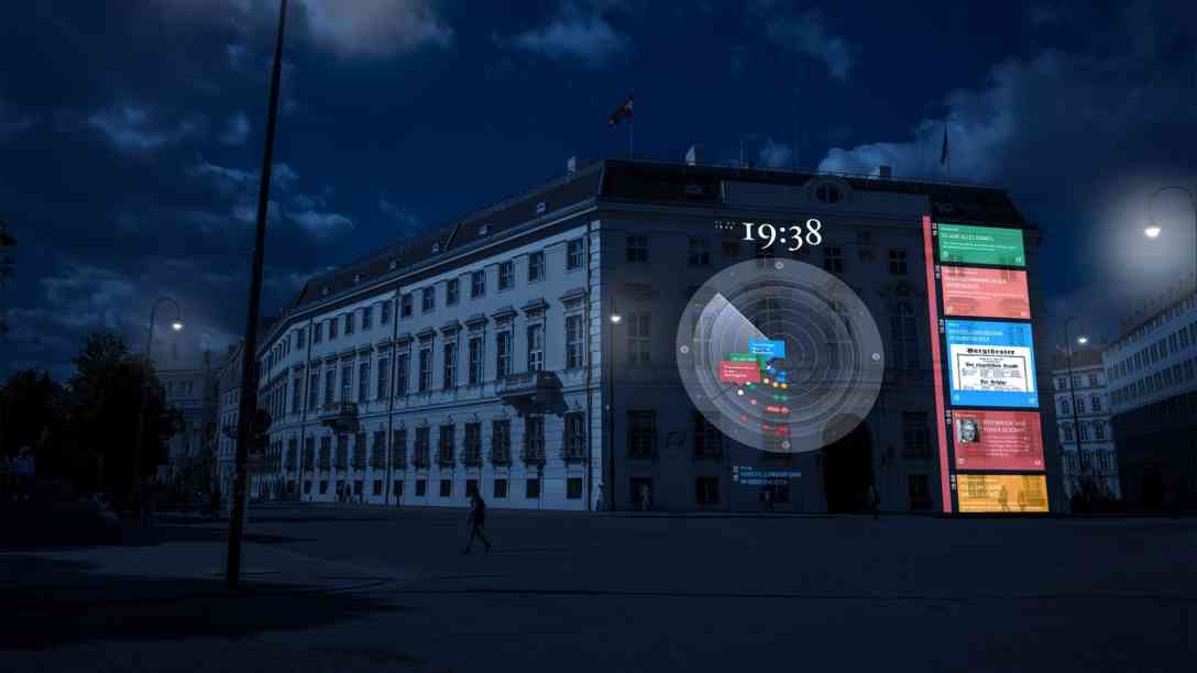 Das historische Medienprojekt von Frederick Baker zum Anschluss Österreichs an Deutschland 1938: die Zeituhr 1938. Hier eine Fotomontage wie die Projektion ab dem 11.3. auf dem Bundeskanzleramt aussehen wird. Foto: Kurier/ Gilbert Novy, Montage: Lost in the Garden / OTS