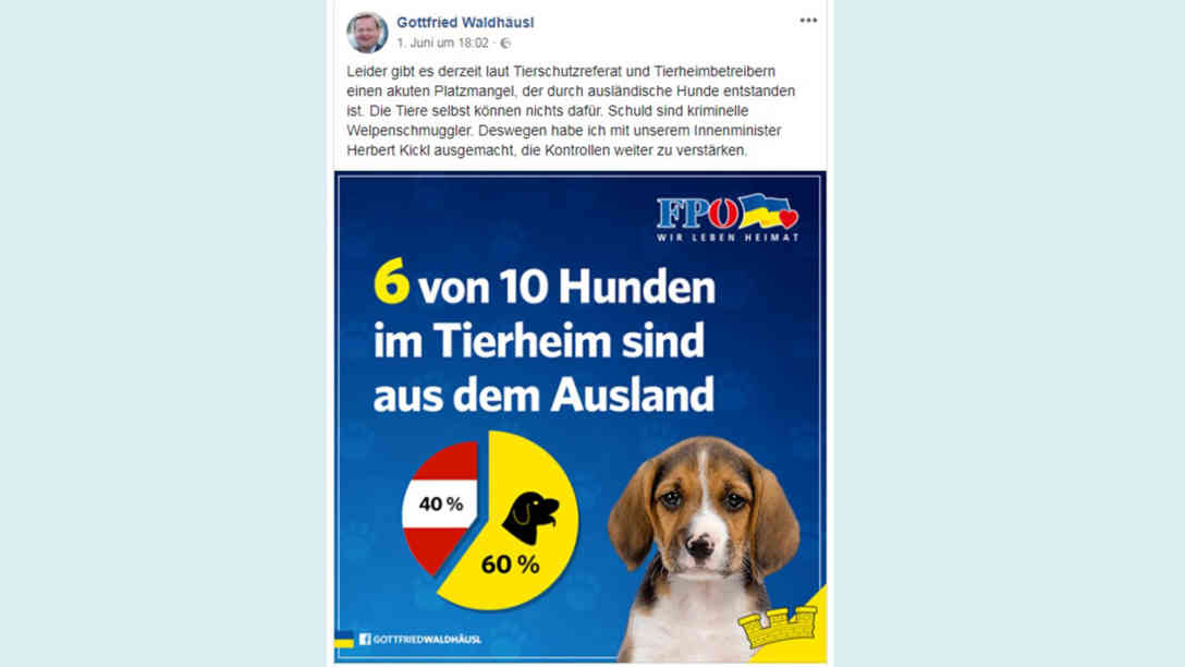 Der Post des des Anstoßes. Der niederösterreichische FPÖ-Landesminister Gottfried Waldhäusl beklagt sich über Hunde mit Migrationshintergrund. Screenshot: facebook.com/Gottfried.Waldhaeusl