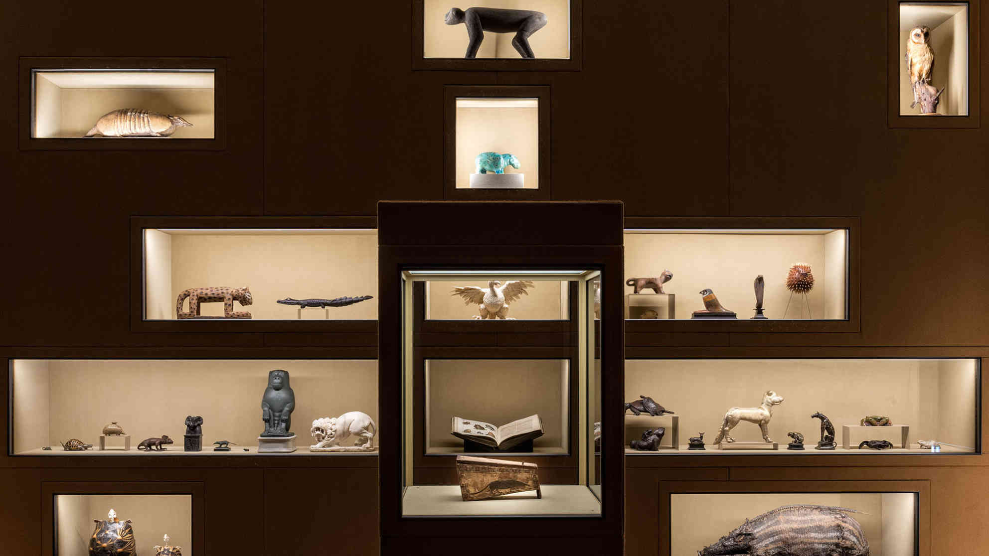 Ausstellungsansicht. In der Mitte der Sarg einer Spitzmaus, der der Ausstellung als Namensgeber diente. Foto: © KHM-Museumsverband