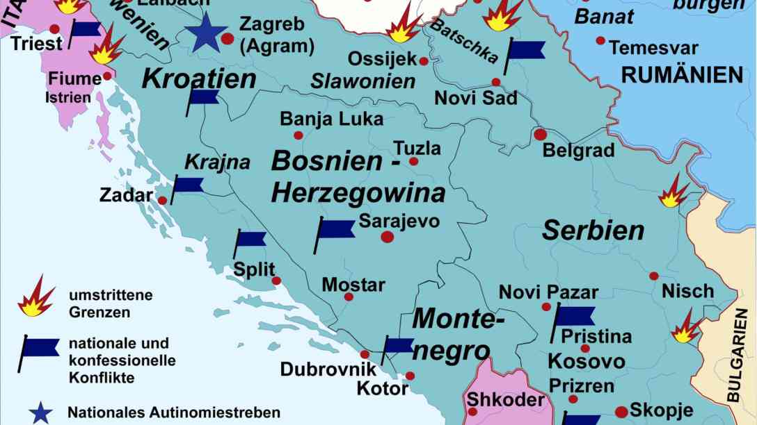 Das Königreich der Serben, Kroaten und Slowenen, das am 1. Dezember 1918 ausgerufen und 1929 in Königreich Jugoslawien umbenannt wurde, umfasste ein Territorium, das im Wesentlichen bis Anfang der 90ziger Jahre Bestand haben sollte: Serbien, Kroatien, Slowenen, Bosnien-Herzegowina, Kosovo, Montenegro und Mazedonien. Foto: Prof.Mag. Michael Floiger | Interfoto | picturedesk.com