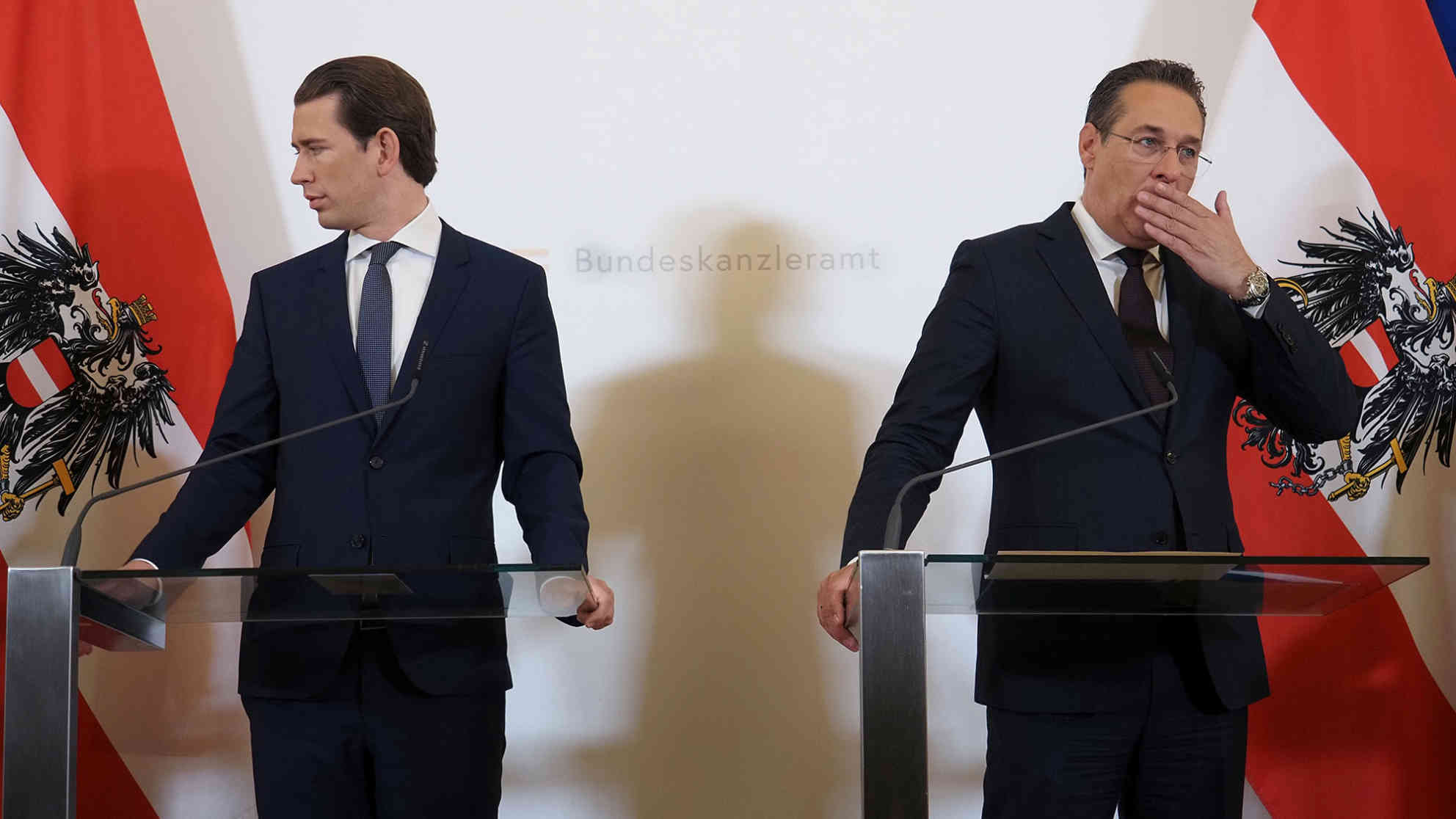Die ehemaligen Koalitionspartner Sebastian Kurz und Heinz-Christian Strache, im Rahmen der Pressekonferenz zum Thema ´Soziales´ am 16. Mai 2019 im Bundeskanzleramt in Wien. Foto: picture alliance/APA/picturedesk.com