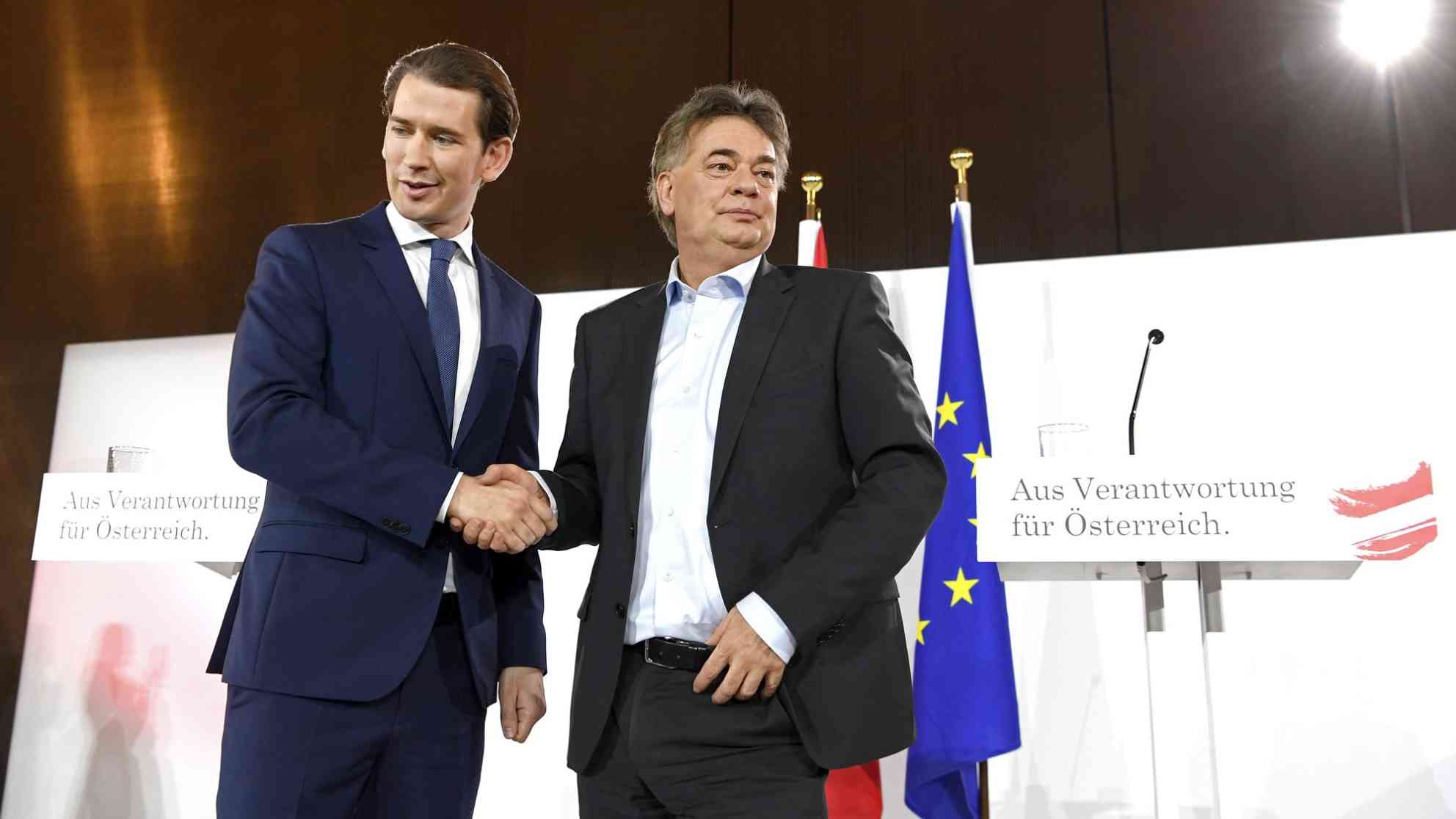 ÖVP-Chef Sebastian Kurz (l.) und Grünen-Chef Werner Kogler (re.) bei der Präsentation des Regierungsprogramms in Wien. Foto: picture alliance | APA | picturedesk.com