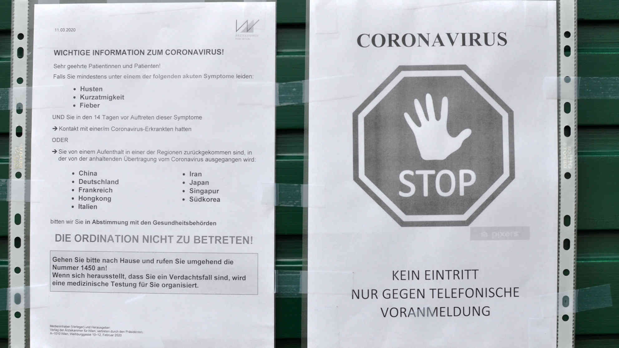 Informationen zum Coronavirus von der Wiener Ärztekammer an der Tür einer Arztpraxis in Wien. Foto: BR | Karin Straka