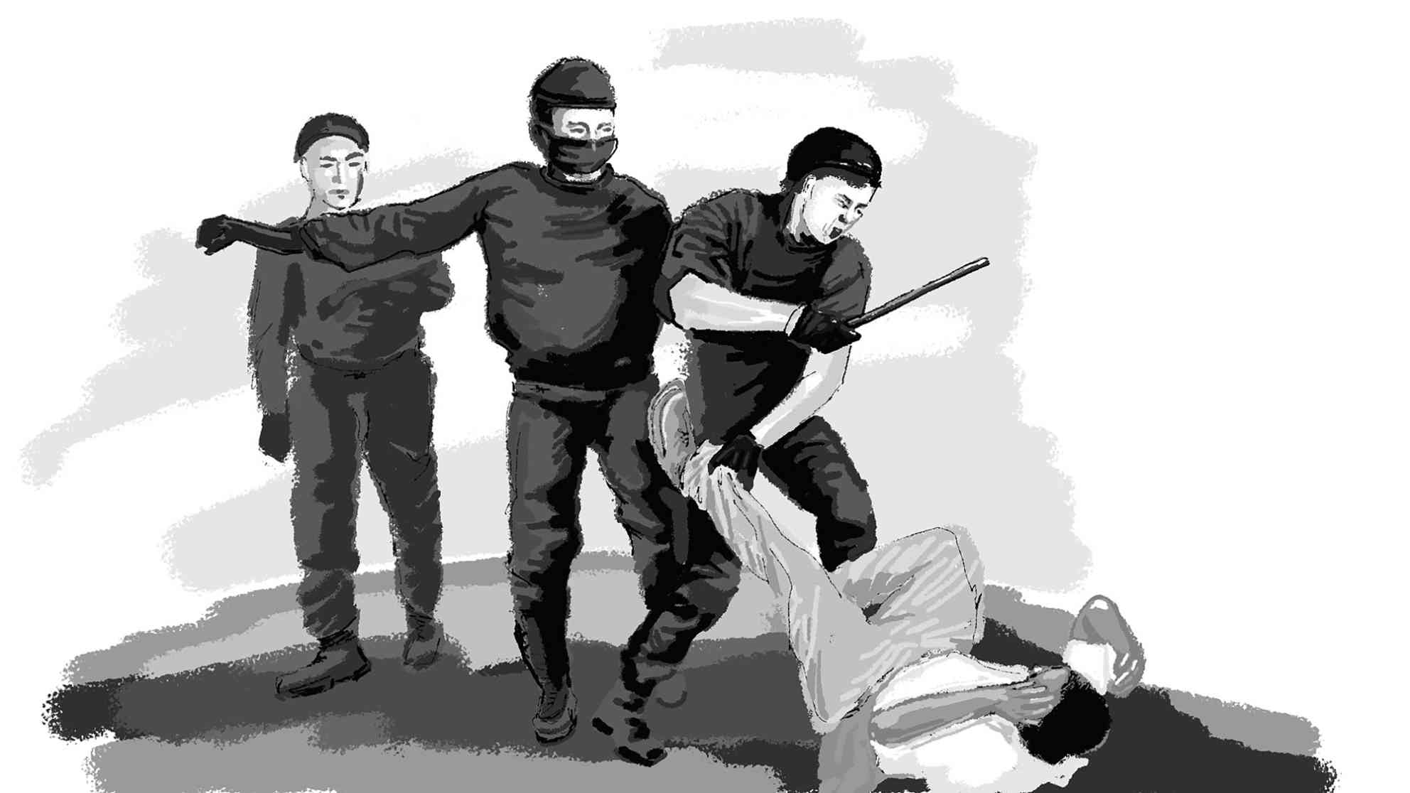 ´Sie waren bereit, uns zu foltern und sie waren darauf vorbereitet, sie benutzten Schlagstöcke, dazu auch noch Fäuste und Füße.´ Zeichnung: BR | Cendra Polsner / Mitarbeit: Anna Hunger